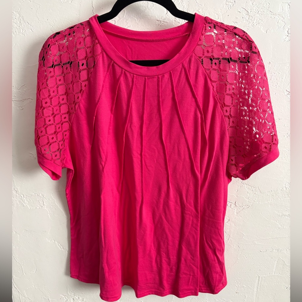 SHEIN Curve Hot Pink Lace Sleeve Top | Size 1XL | Short Sleeve Blouse